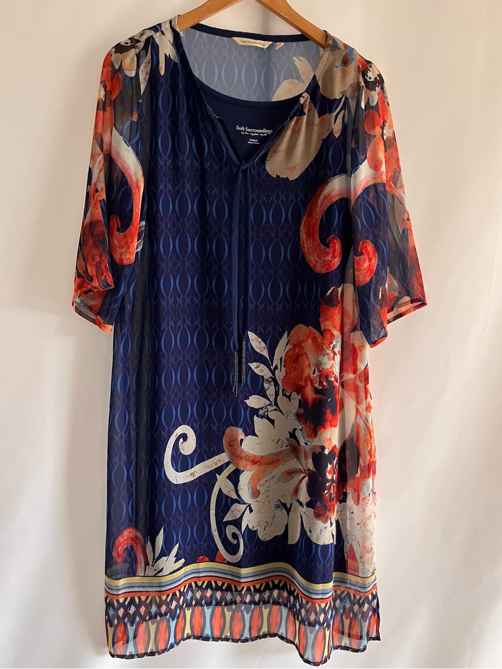 Soft Surroundings Sheer Blue Orange Floral Oversized Bold Mixed Print Midi M